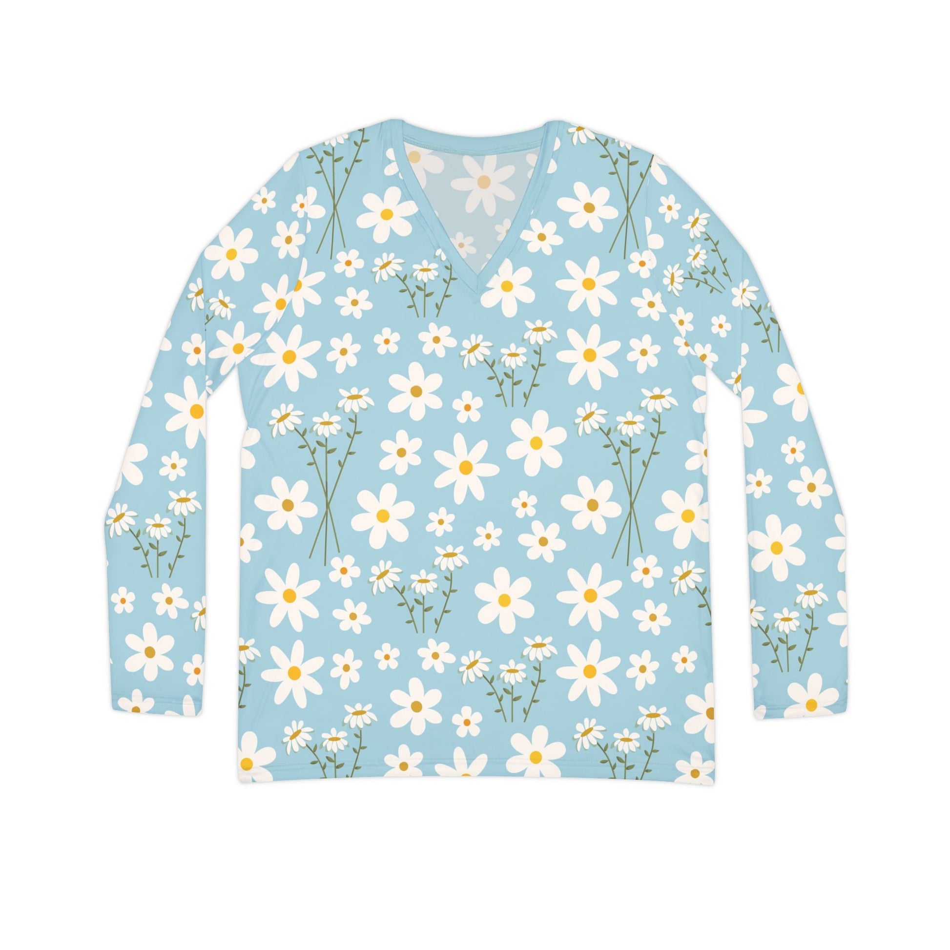 Sky Blue Daisy Women's Long Sleeve V - neck Shirt Cute Blue Summer Flower Top Calm Floral Spring Long Sleeve Shirt - All Over Prints - Kristine Celestine