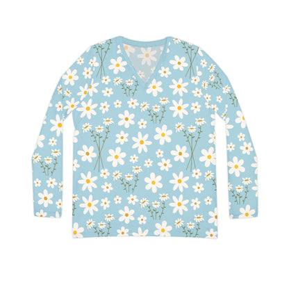 Sky Blue Daisy Women's Long Sleeve V - neck Shirt Cute Blue Summer Flower Top Calm Floral Spring Long Sleeve Shirt - All Over Prints - Kristine Celestine