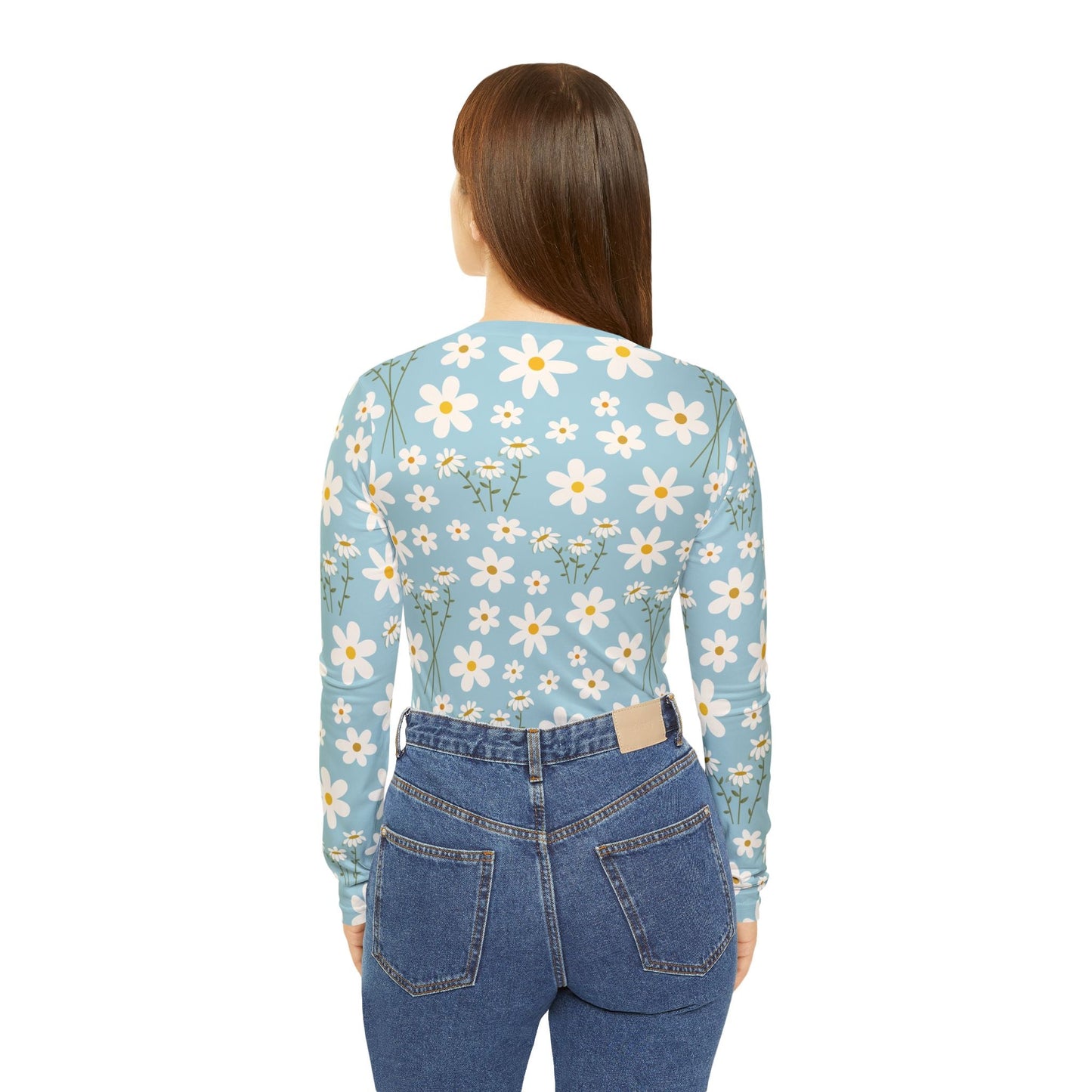 Sky Blue Daisy Women's Long Sleeve V - neck Shirt Cute Blue Summer Flower Top Calm Floral Spring Long Sleeve Shirt - All Over Prints - Kristine Celestine