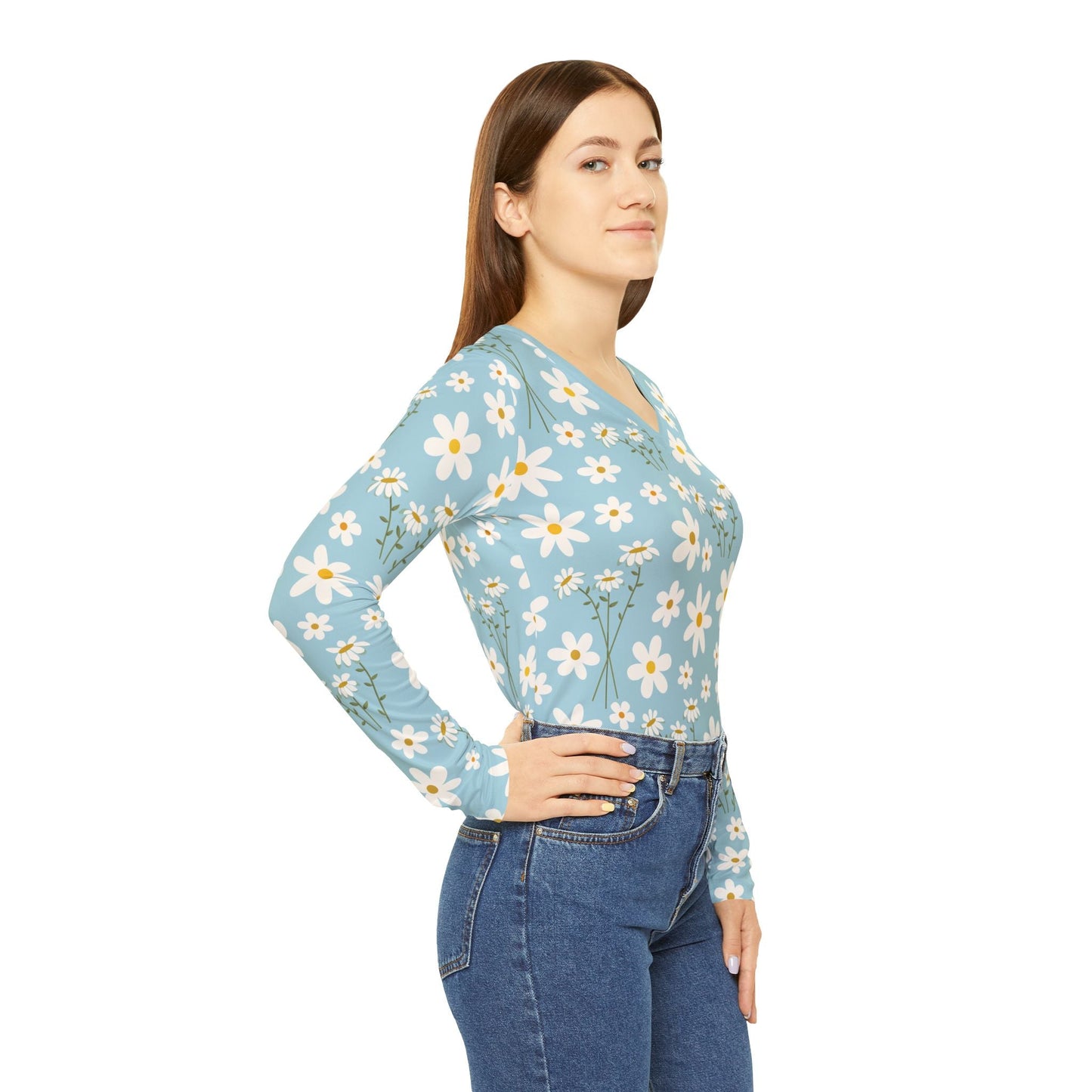 Sky Blue Daisy Women's Long Sleeve V - neck Shirt Cute Blue Summer Flower Top Calm Floral Spring Long Sleeve Shirt - All Over Prints - Kristine Celestine