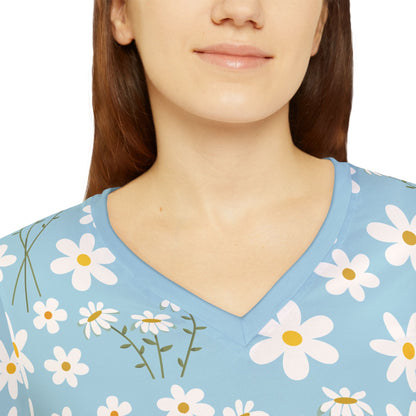 Sky Blue Daisy Women's Long Sleeve V - neck Shirt Cute Blue Summer Flower Top Calm Floral Spring Long Sleeve Shirt - All Over Prints - Kristine Celestine