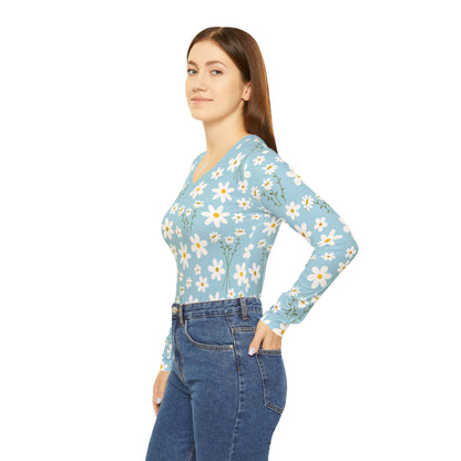 Sky Blue Daisy Women's Long Sleeve V - neck Shirt Cute Blue Summer Flower Top Calm Floral Spring Long Sleeve Shirt - All Over Prints - Kristine Celestine