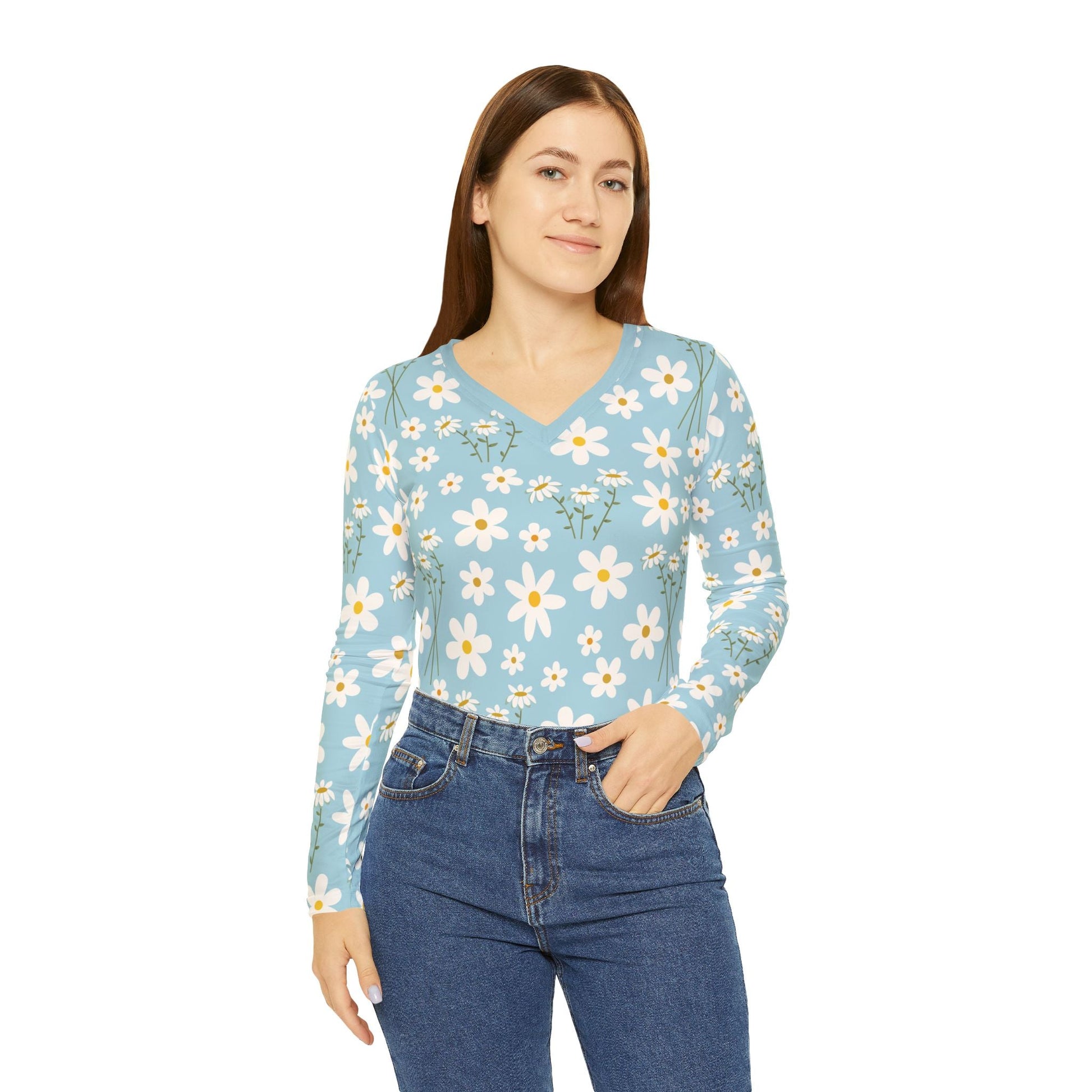 Sky Blue Daisy Women's Long Sleeve V - neck Shirt Cute Blue Summer Flower Top Calm Floral Spring Long Sleeve Shirt - All Over Prints - Kristine Celestine