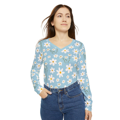 Sky Blue Daisy Women's Long Sleeve V - neck Shirt Cute Blue Summer Flower Top Calm Floral Spring Long Sleeve Shirt - All Over Prints - Kristine Celestine