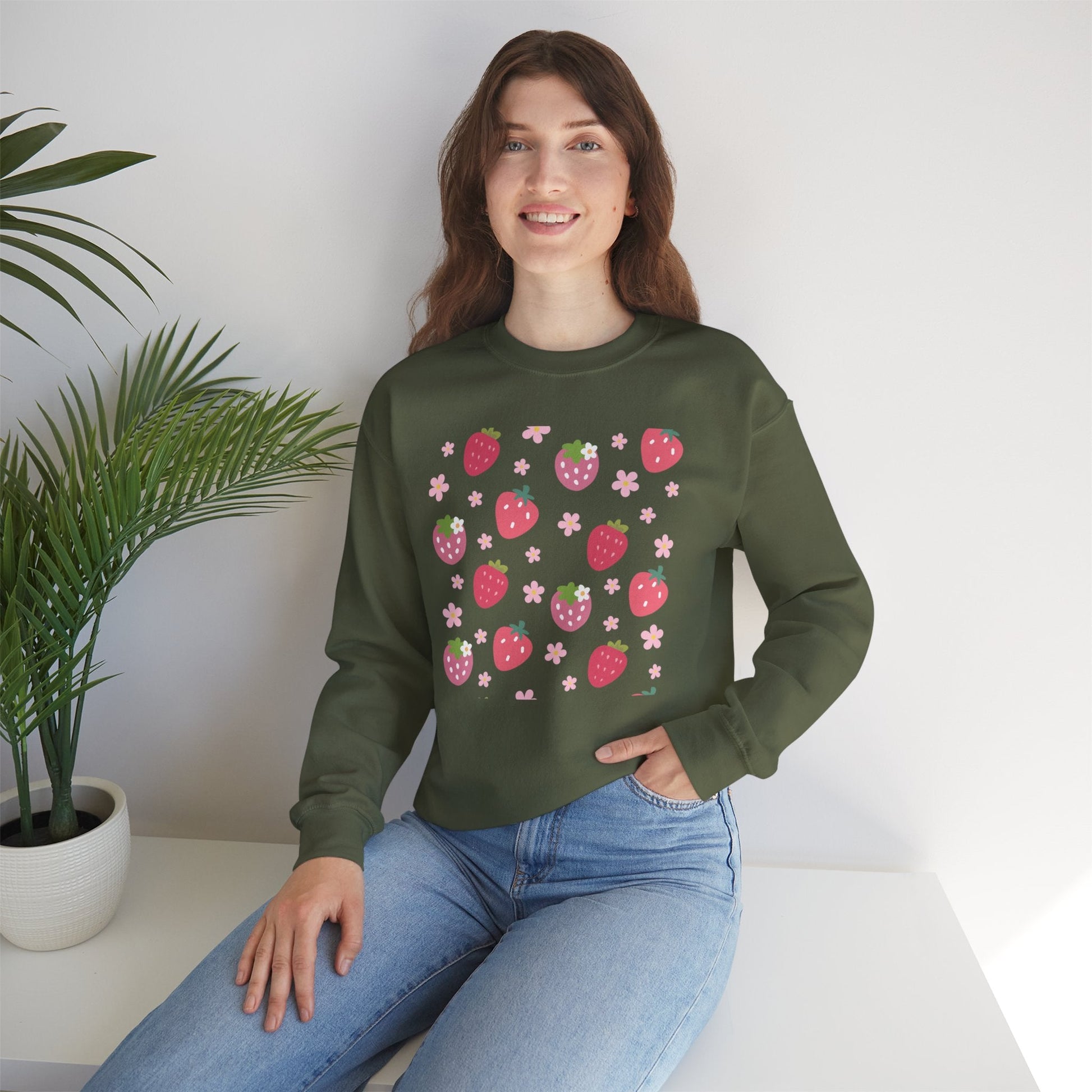 Strawberries and Daisies Crewneck Sweatshirt Cute Casual Strawberry Sweater Pink and Red Fruit Floral Daisy - Sweatshirt - Printify - Kristine Celestine