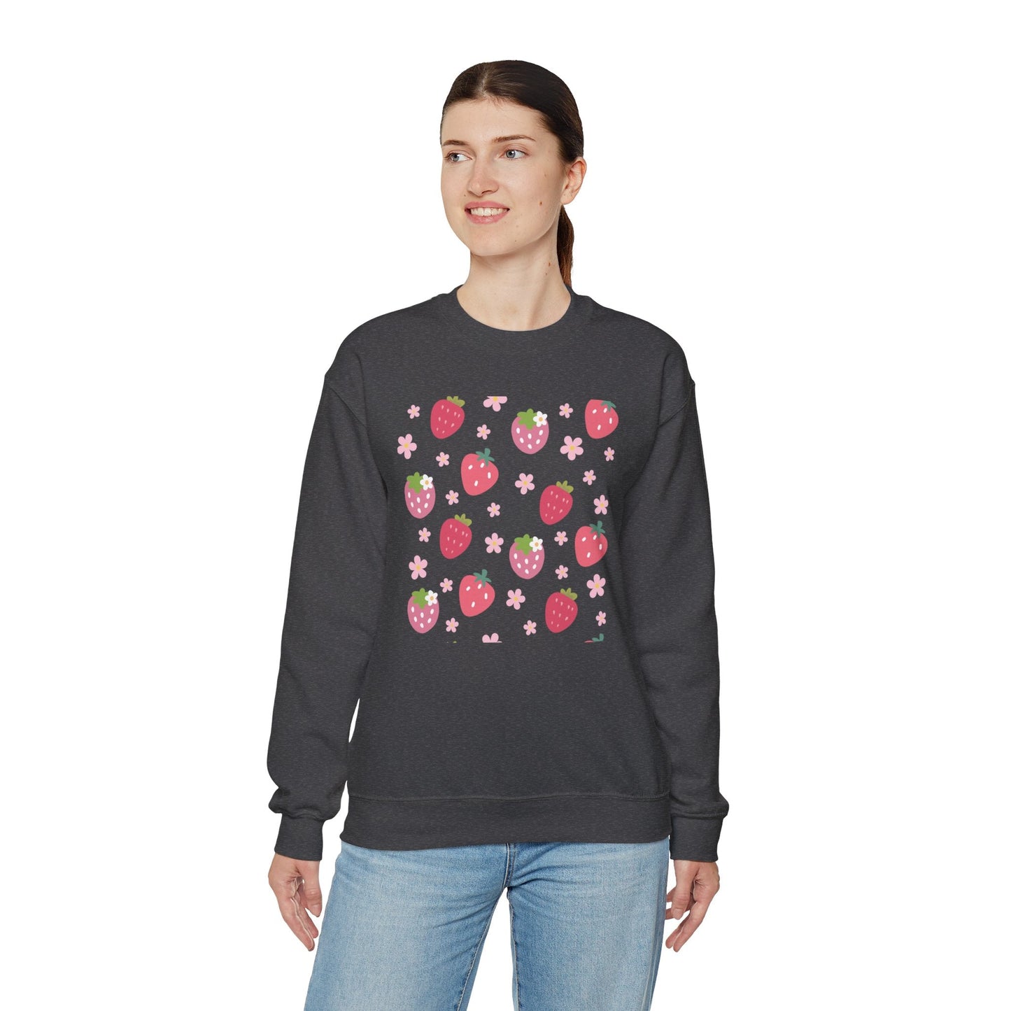 Strawberries and Daisies Crewneck Sweatshirt Cute Casual Strawberry Sweater Pink and Red Fruit Floral Daisy - Sweatshirt - Kristine Celestine