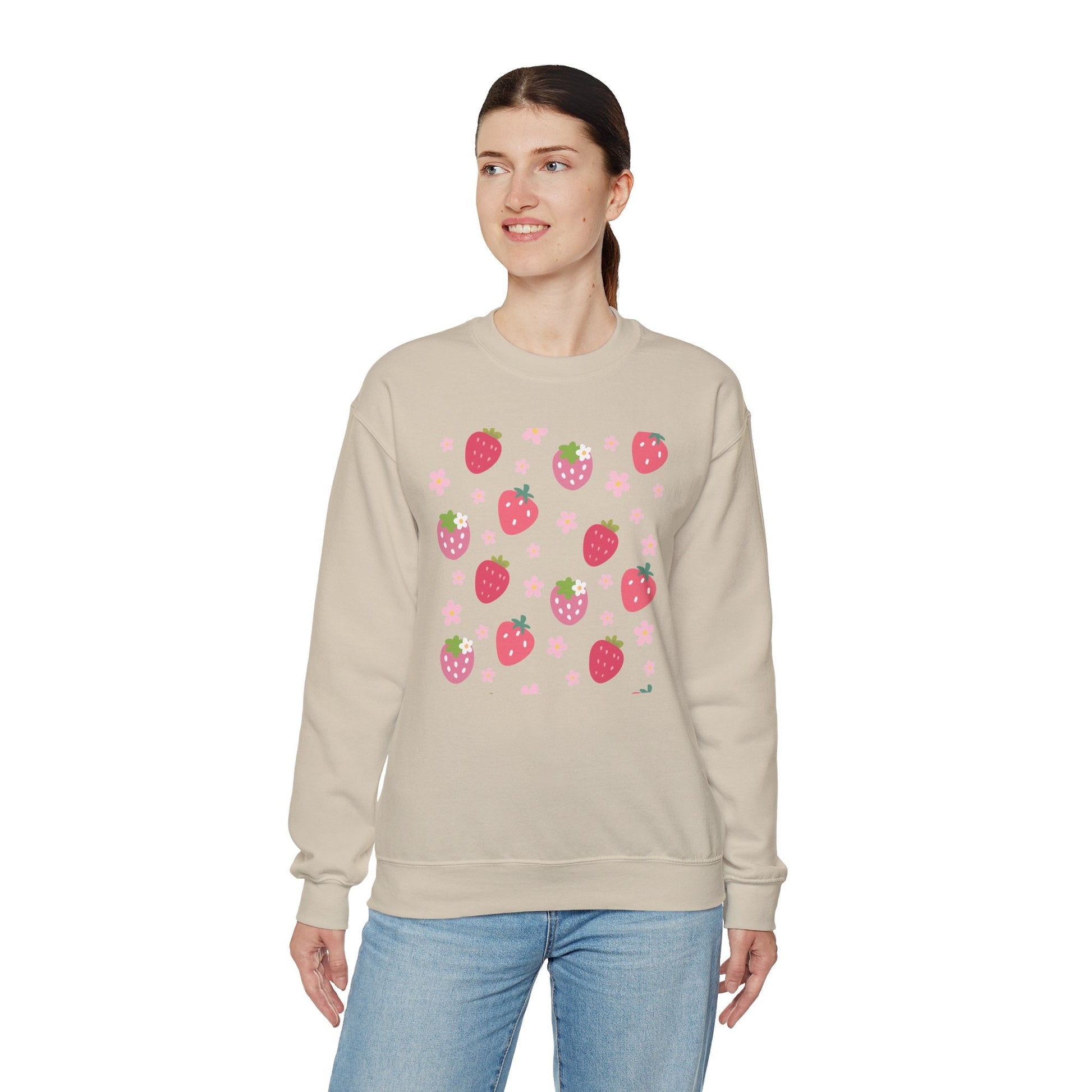 Strawberries and Daisies Crewneck Sweatshirt Cute Casual Strawberry Sweater Pink and Red Fruit Floral Daisy - Sweatshirt - Printify - Kristine Celestine