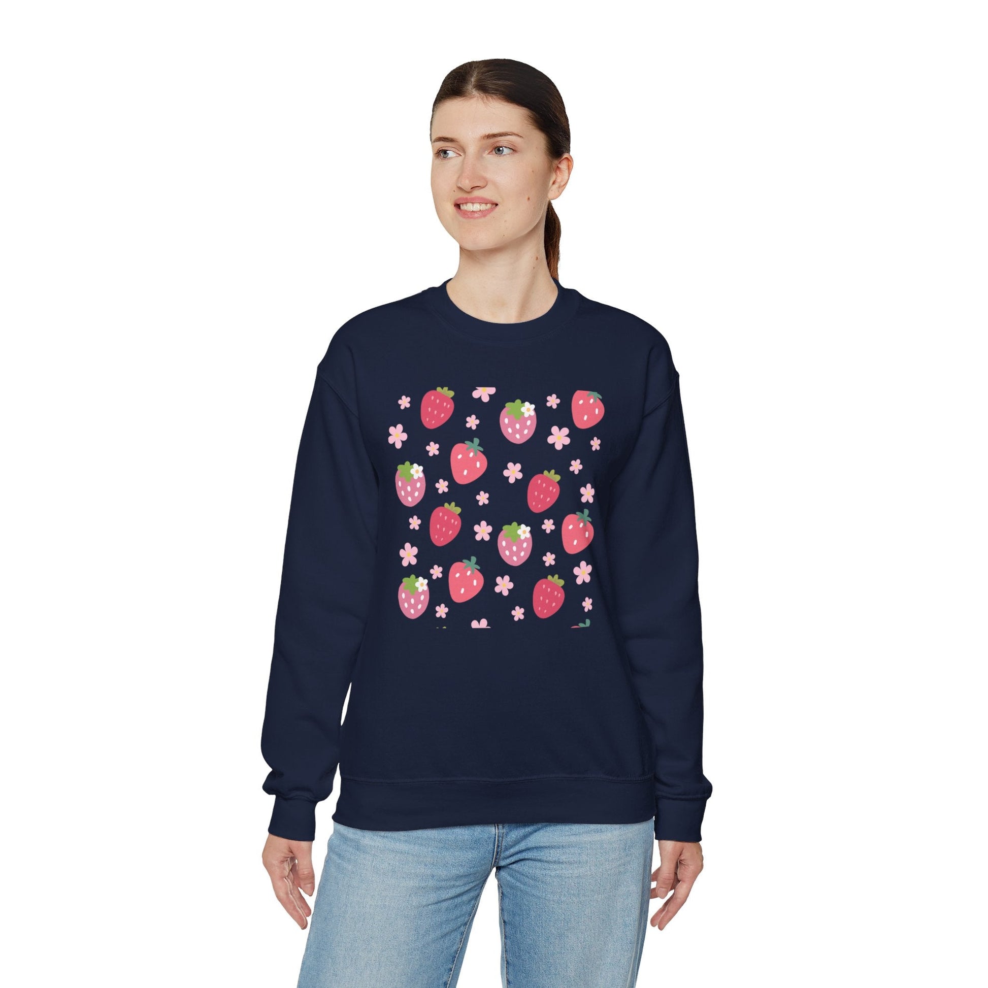 Strawberries and Daisies Crewneck Sweatshirt Cute Casual Strawberry Sweater Pink and Red Fruit Floral Daisy - Sweatshirt - Printify - Kristine Celestine