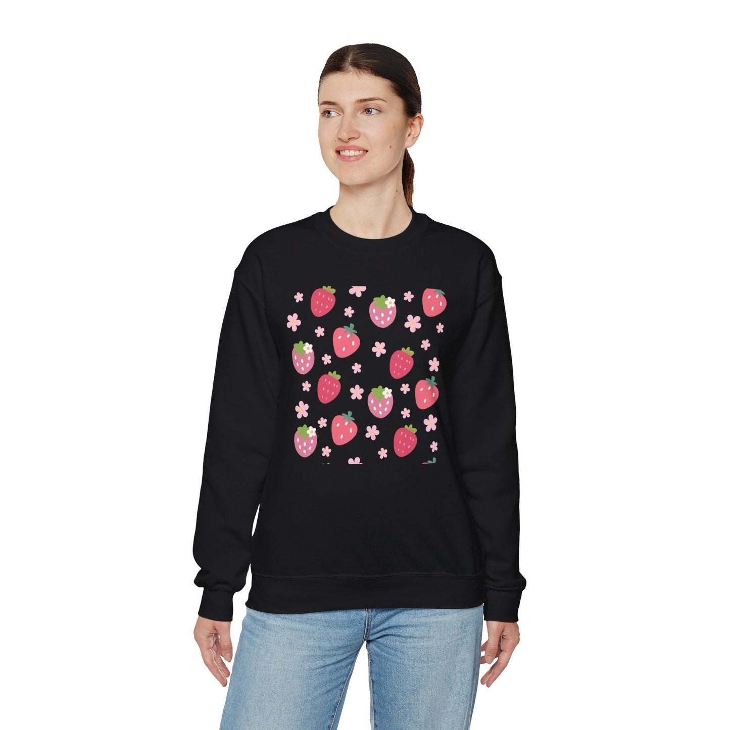 Strawberries and Daisies Crewneck Sweatshirt Cute Casual Strawberry Sweater Pink and Red Fruit Floral Daisy - Sweatshirt - Printify - Kristine Celestine