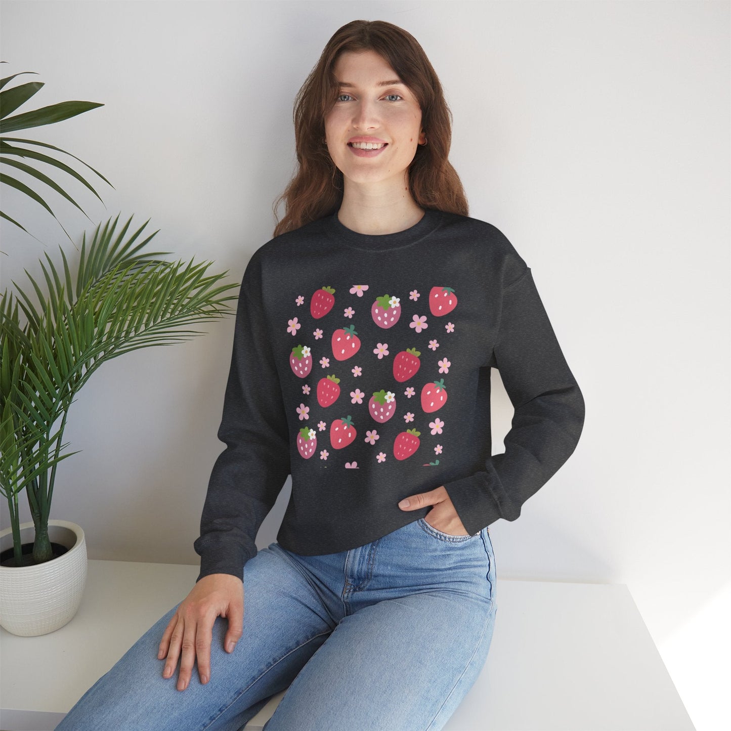 Strawberries and Daisies Crewneck Sweatshirt Cute Casual Strawberry Sweater Pink and Red Fruit Floral Daisy - Sweatshirt - Kristine Celestine