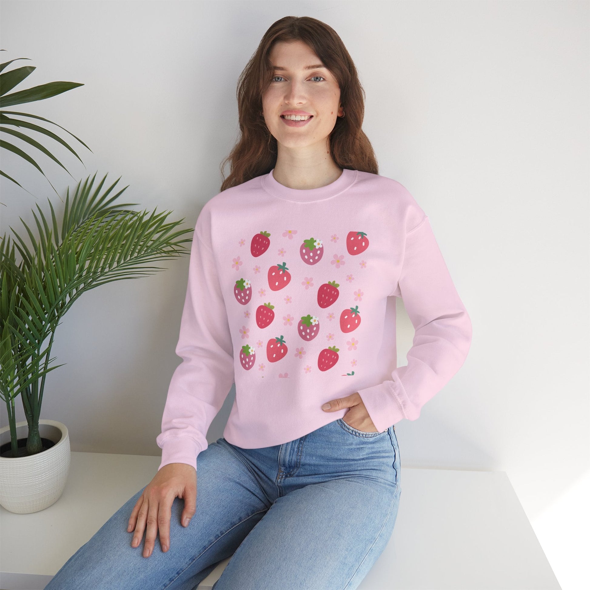 Strawberries and Daisies Crewneck Sweatshirt Cute Casual Strawberry Sweater Pink and Red Fruit Floral Daisy - Sweatshirt - Kristine Celestine