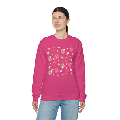 Strawberries and Daisies Crewneck Sweatshirt Cute Casual Strawberry Sweater Pink and Red Fruit Floral Daisy - Sweatshirt - Printify - Kristine Celestine