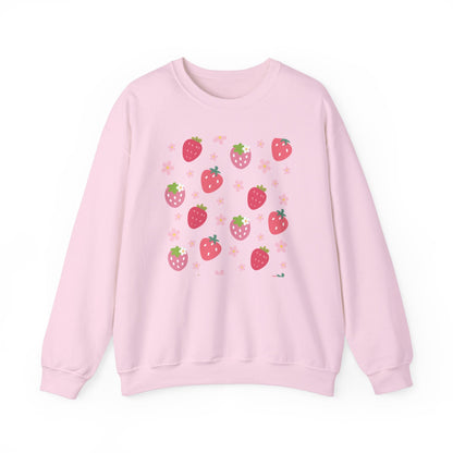 Strawberries and Daisies Crewneck Sweatshirt Cute Casual Strawberry Sweater Pink and Red Fruit Floral Daisy - Sweatshirt - Kristine Celestine