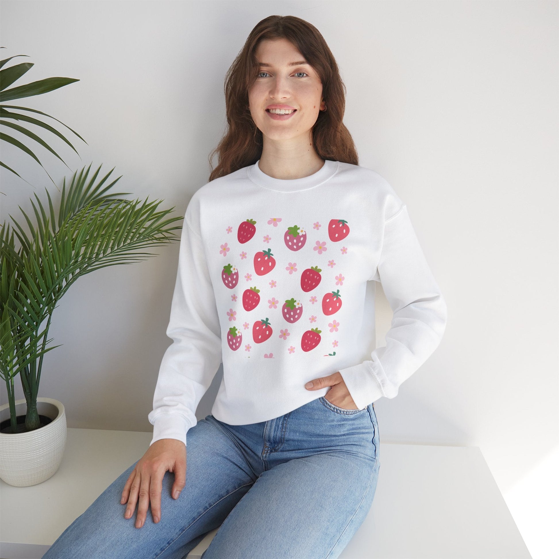 Strawberries and Daisies Crewneck Sweatshirt Cute Casual Strawberry Sweater Pink and Red Fruit Floral Daisy - Sweatshirt - Printify - Kristine Celestine