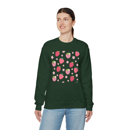 Strawberries and Daisies Crewneck Sweatshirt Cute Casual Strawberry Sweater Pink and Red Fruit Floral Daisy - Sweatshirt - Printify - Kristine Celestine