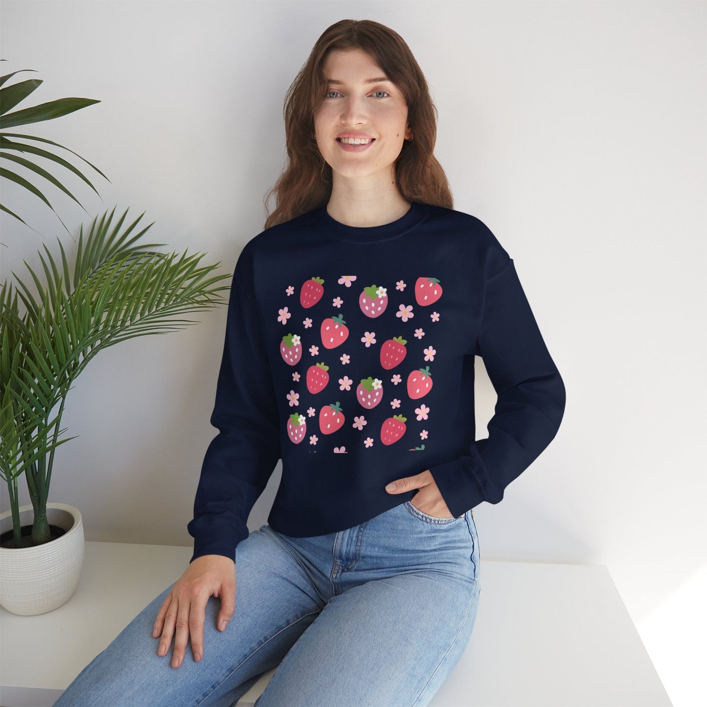 Strawberries and Daisies Crewneck Sweatshirt Cute Casual Strawberry Sweater Pink and Red Fruit Floral Daisy - Sweatshirt - Printify - Kristine Celestine