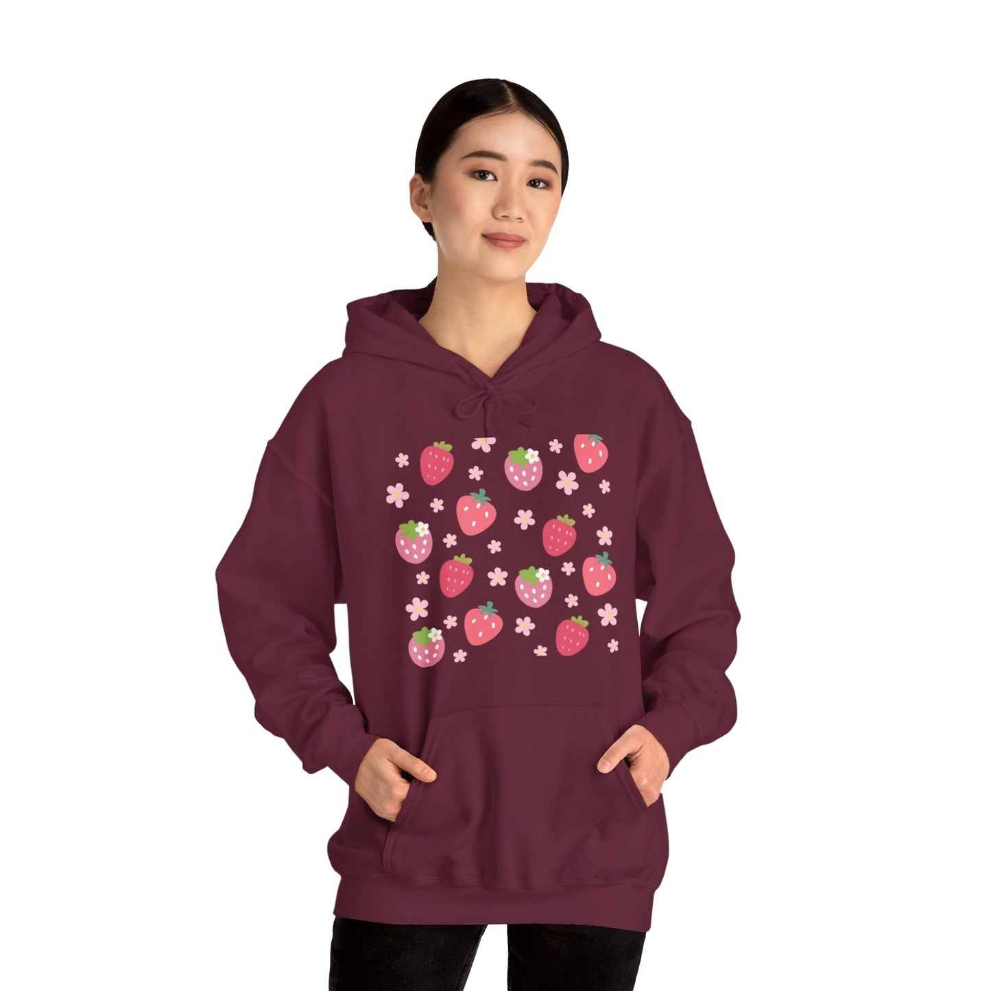 Strawberries and Daisies Hoodie Cute Strawberry Fruit Hooded Sweatshirt Pink and Red Strawberry Daisy - Hoodie - Kristine Celestine