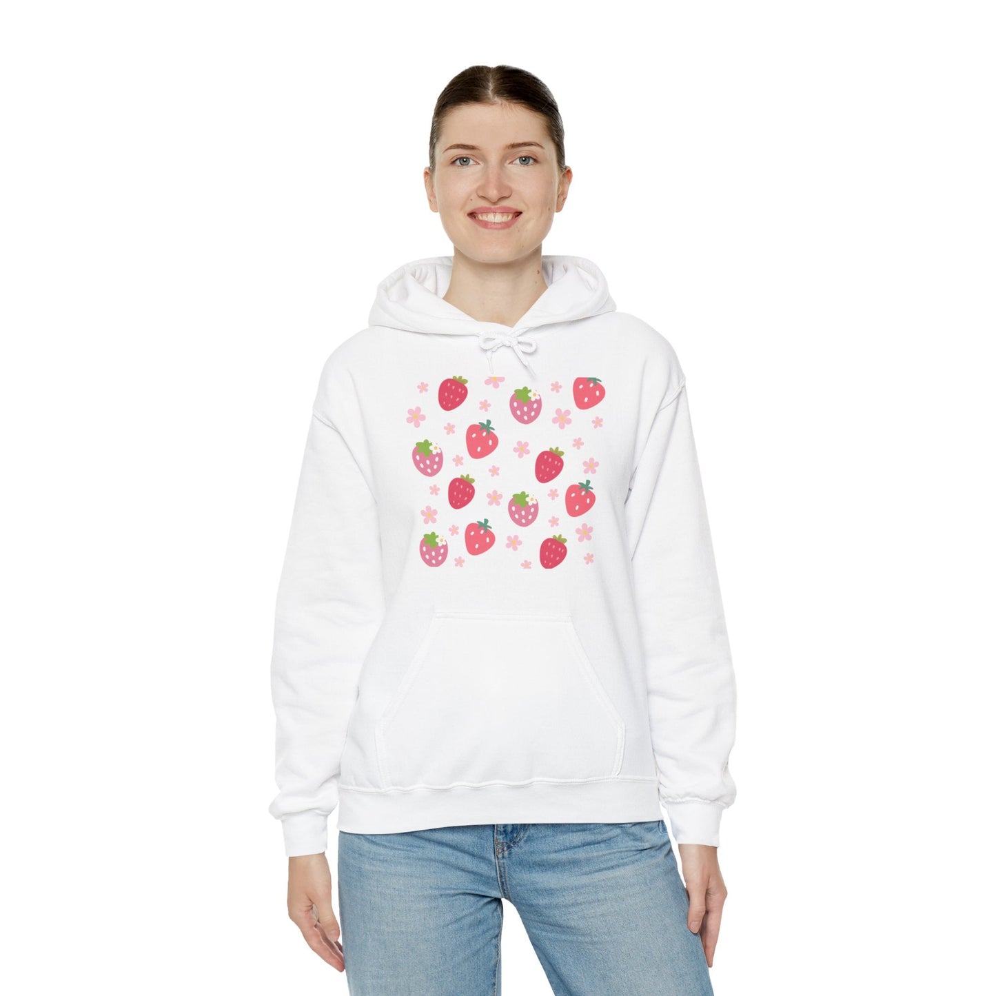 Strawberries and Daisies Hoodie Cute Strawberry Fruit Hooded Sweatshirt Pink and Red Strawberry Daisy - Hoodie - Kristine Celestine