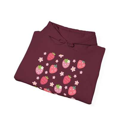 Strawberries and Daisies Hoodie Cute Strawberry Fruit Hooded Sweatshirt Pink and Red Strawberry Daisy - Hoodie - Kristine Celestine