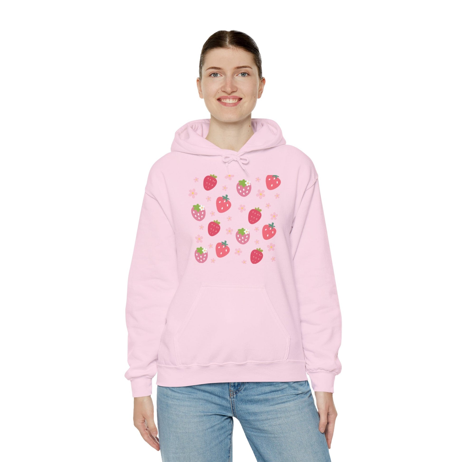 Strawberries and Daisies Hoodie Cute Strawberry Fruit Hooded Sweatshirt Pink and Red Strawberry Daisy - Hoodie - Kristine Celestine