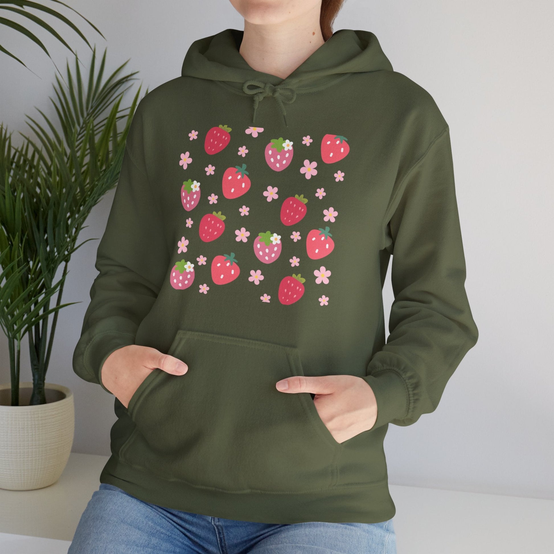 Strawberries and Daisies Hoodie Cute Strawberry Fruit Hooded Sweatshirt Pink and Red Strawberry Daisy - Hoodie - Kristine Celestine