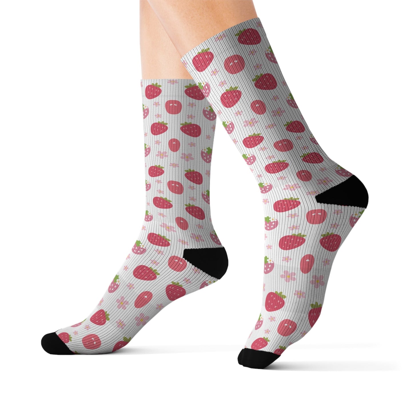 Strawberries and Daisies Socks Cute Comfy Cozy Pink and Red Sweet Strawberry Fruit Pattern Floral Daisy Crew Socks - Socks - Kristine Celestine