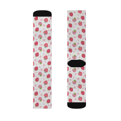 Strawberries and Daisies Socks Cute Comfy Cozy Pink and Red Sweet Strawberry Fruit Pattern Floral Daisy Crew Socks - Socks - Kristine Celestine