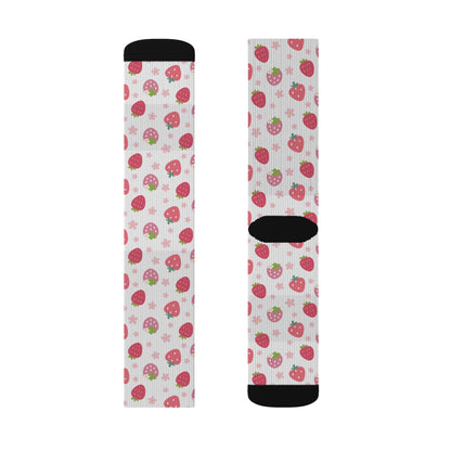 Strawberries and Daisies Socks Cute Comfy Cozy Pink and Red Sweet Strawberry Fruit Pattern Floral Daisy Crew Socks - Socks - Kristine Celestine