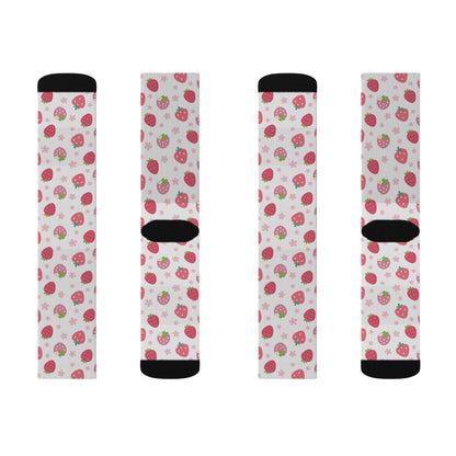 Strawberries and Daisies Socks Cute Comfy Cozy Pink and Red Sweet Strawberry Fruit Pattern Floral Daisy Crew Socks - Socks - Kristine Celestine