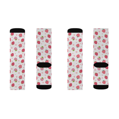 Strawberries and Daisies Socks Cute Comfy Cozy Pink and Red Sweet Strawberry Fruit Pattern Floral Daisy Crew Socks - Socks - Kristine Celestine