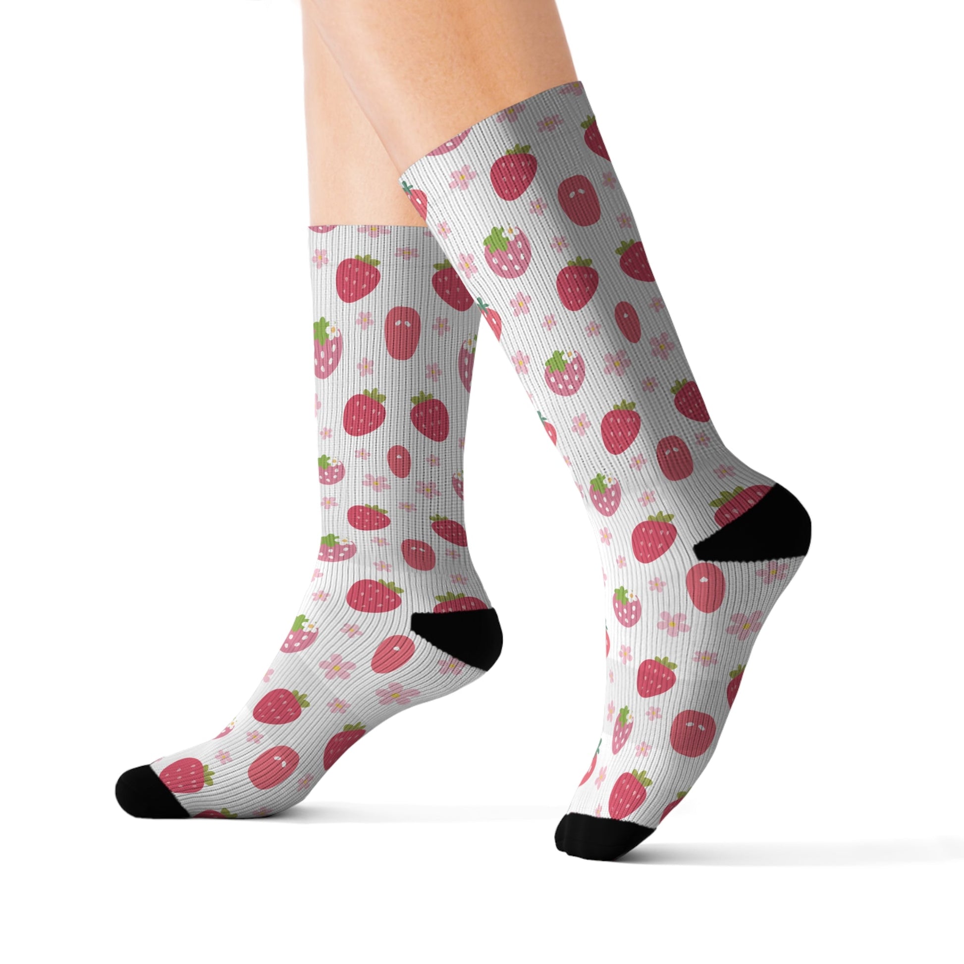 Strawberries and Daisies Socks Cute Comfy Cozy Pink and Red Sweet Strawberry Fruit Pattern Floral Daisy Crew Socks - Socks - Kristine Celestine