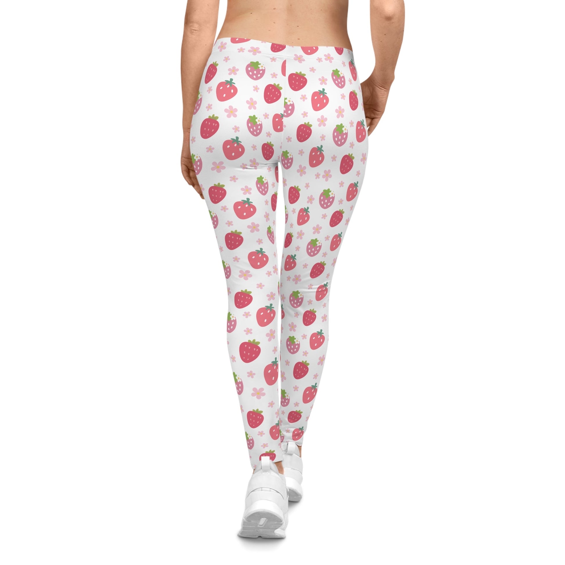 Strawberries and Daisies Women's Casual Leggings Cute Strawberry Fruit Pink and Red Daisy Flowers Exercise Attire Gym Leggings Yoga Pants - Leggings - Kristine Celestine