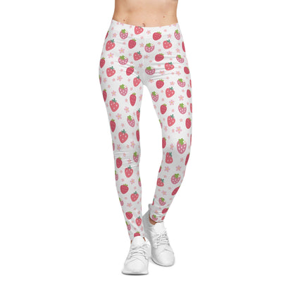 Strawberries and Daisies Women's Casual Leggings Cute Strawberry Fruit Pink and Red Daisy Flowers Exercise Attire Gym Leggings Yoga Pants - Leggings - Kristine Celestine