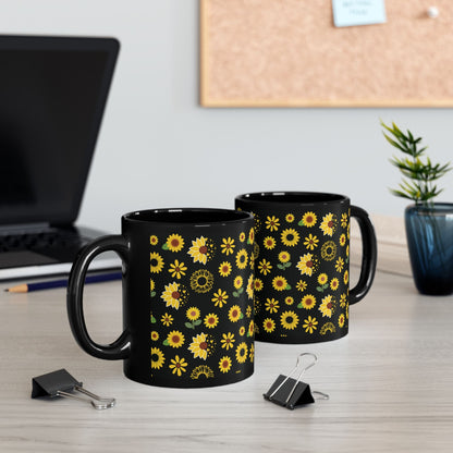 Sunflower Burst Black Mug Summer Flower Coffee Mug Floral Yellow Tea Cup Sunny Spring Ceramic Mug - Mug - Kristine Celestine