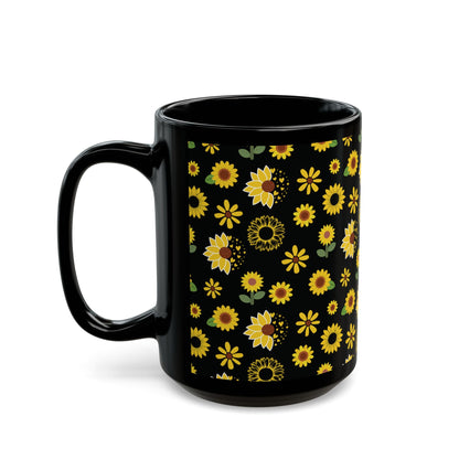 Sunflower Burst Black Mug Summer Flower Coffee Mug Floral Yellow Tea Cup Sunny Spring Ceramic Mug - Mug - Kristine Celestine