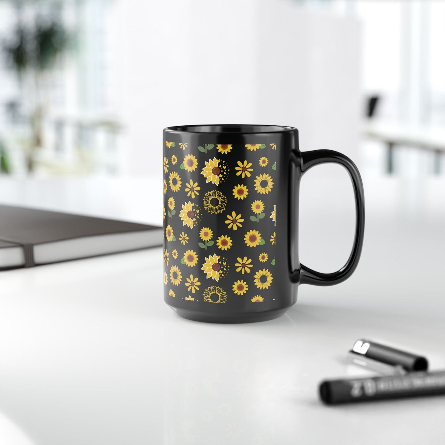 Sunflower Burst Black Mug Summer Flower Coffee Mug Floral Yellow Tea Cup Sunny Spring Ceramic Mug - Mug - Kristine Celestine