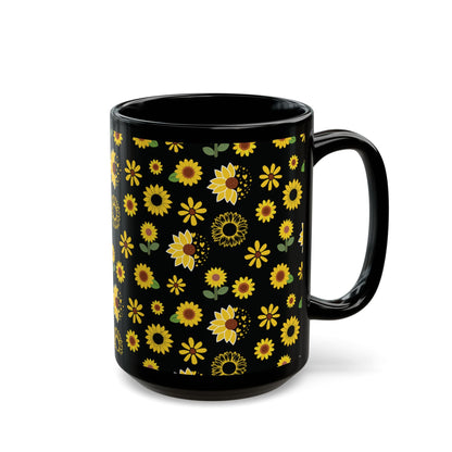 Sunflower Burst Black Mug Summer Flower Coffee Mug Floral Yellow Tea Cup Sunny Spring Ceramic Mug - Mug - Kristine Celestine