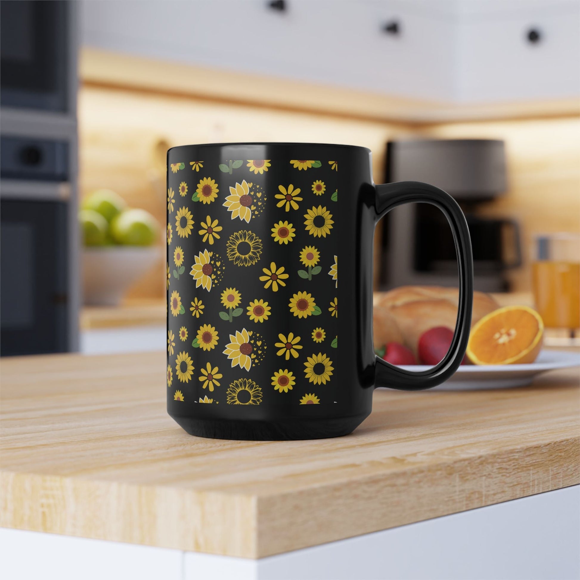 Sunflower Burst Black Mug Summer Flower Coffee Mug Floral Yellow Tea Cup Sunny Spring Ceramic Mug - Mug - Kristine Celestine