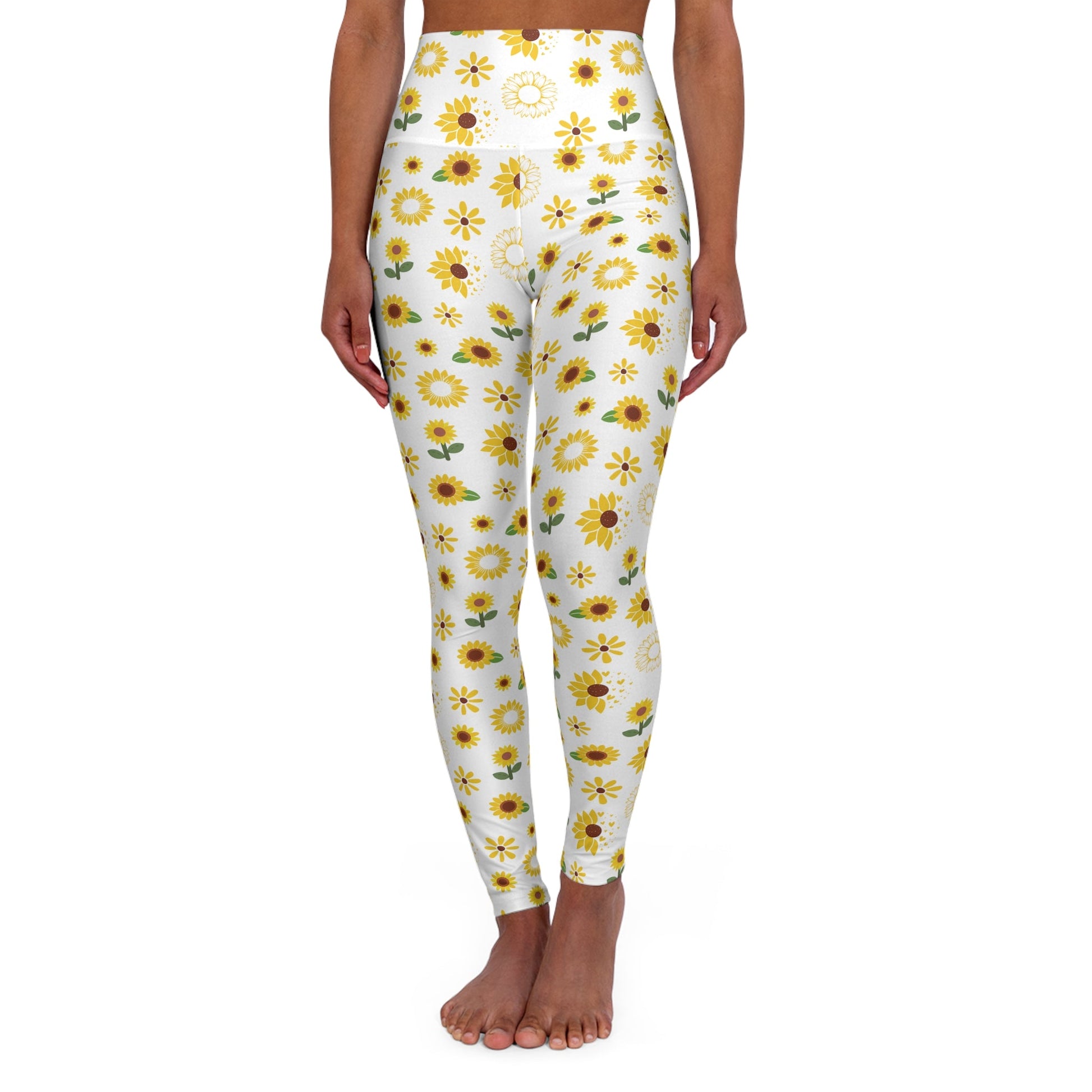 Sunflower Burst High Waisted Yoga Leggings Cute Yellow Spring Flower Exercise Attire Summer Floral Gym Tights - All Over Prints - Kristine Celestine