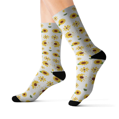 Sunflower Burst Socks Cute Comfy Yellow Summer Flower Crew Socks Cozy Spring Floral Socks - All Over Prints - Kristine Celestine