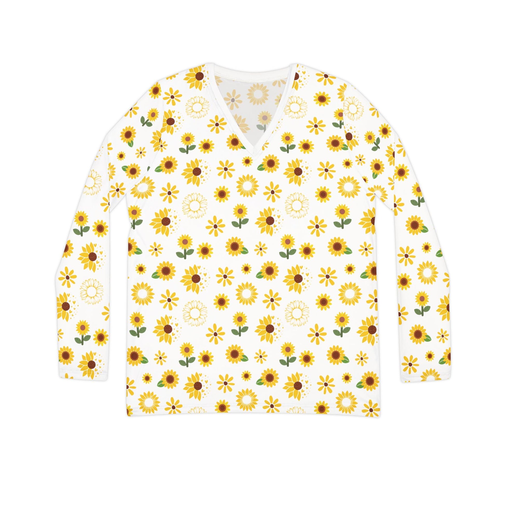 Sunflower Burst Women's Long Sleeve V - neck Shirt Cute Yellow Summer Flower Top Sunny Spring Long Sleeve Shirt - All Over Prints - Kristine Celestine