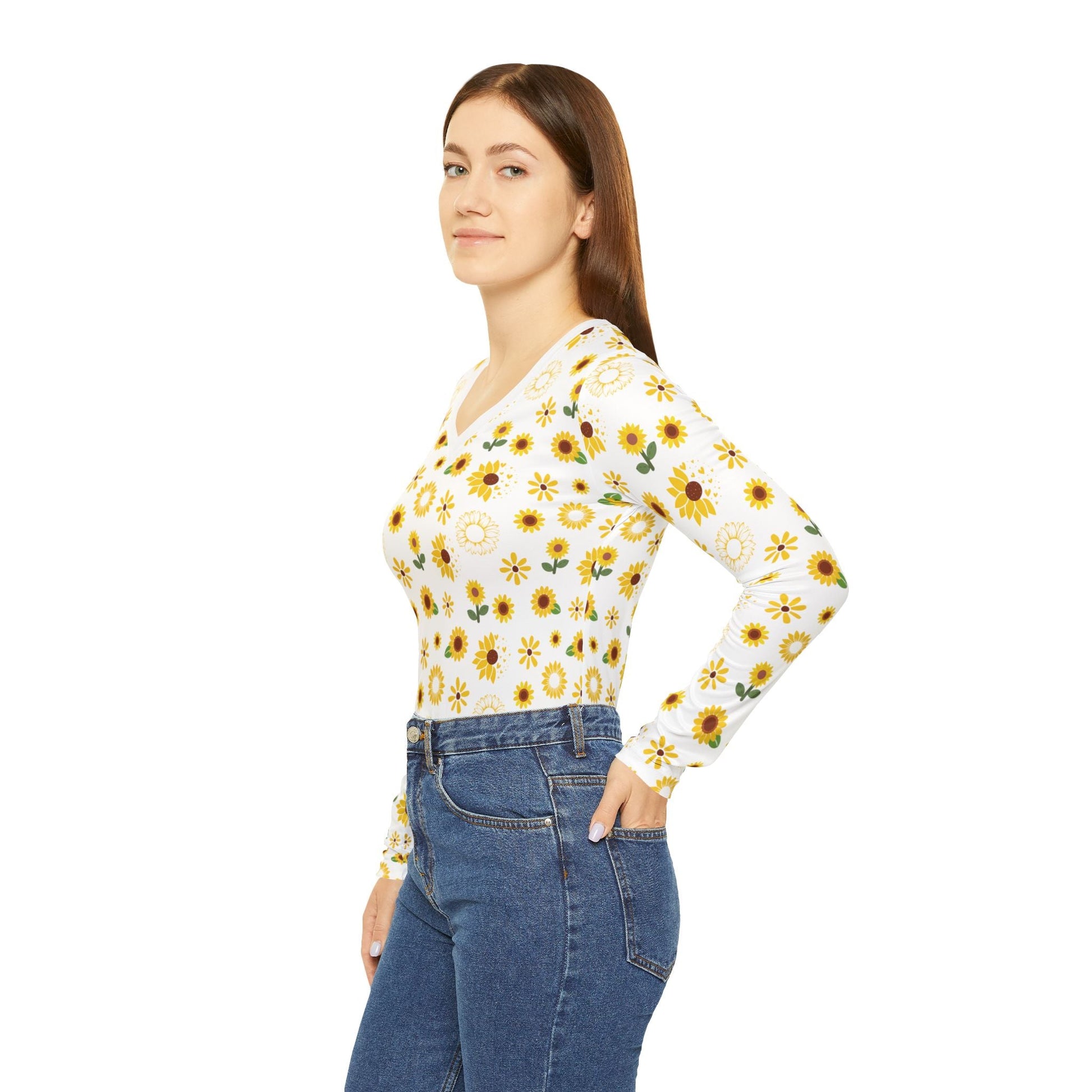 Sunflower Burst Women's Long Sleeve V - neck Shirt Cute Yellow Summer Flower Top Sunny Spring Long Sleeve Shirt - All Over Prints - Kristine Celestine