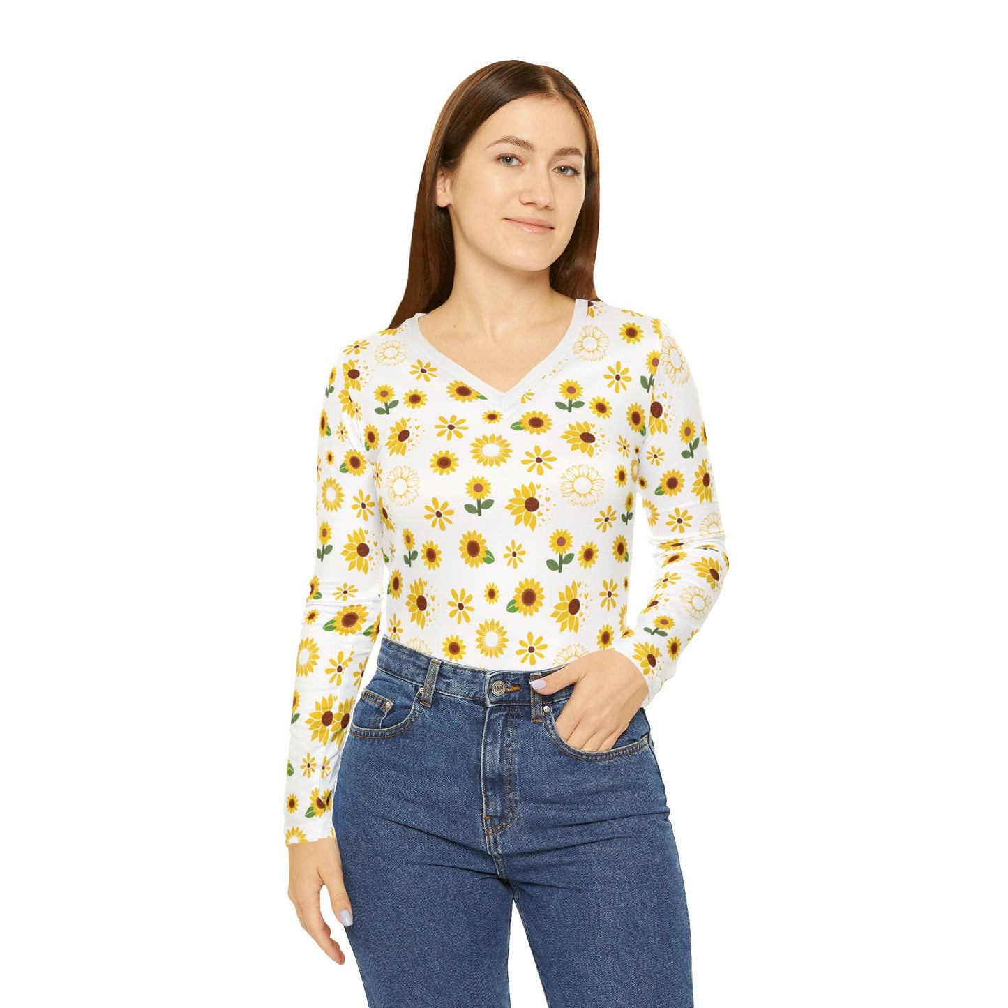 Sunflower Burst Women's Long Sleeve V - neck Shirt Cute Yellow Summer Flower Top Sunny Spring Long Sleeve Shirt - All Over Prints - Kristine Celestine