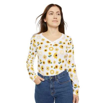 Sunflower Burst Women's Long Sleeve V - neck Shirt Cute Yellow Summer Flower Top Sunny Spring Long Sleeve Shirt - All Over Prints - Kristine Celestine