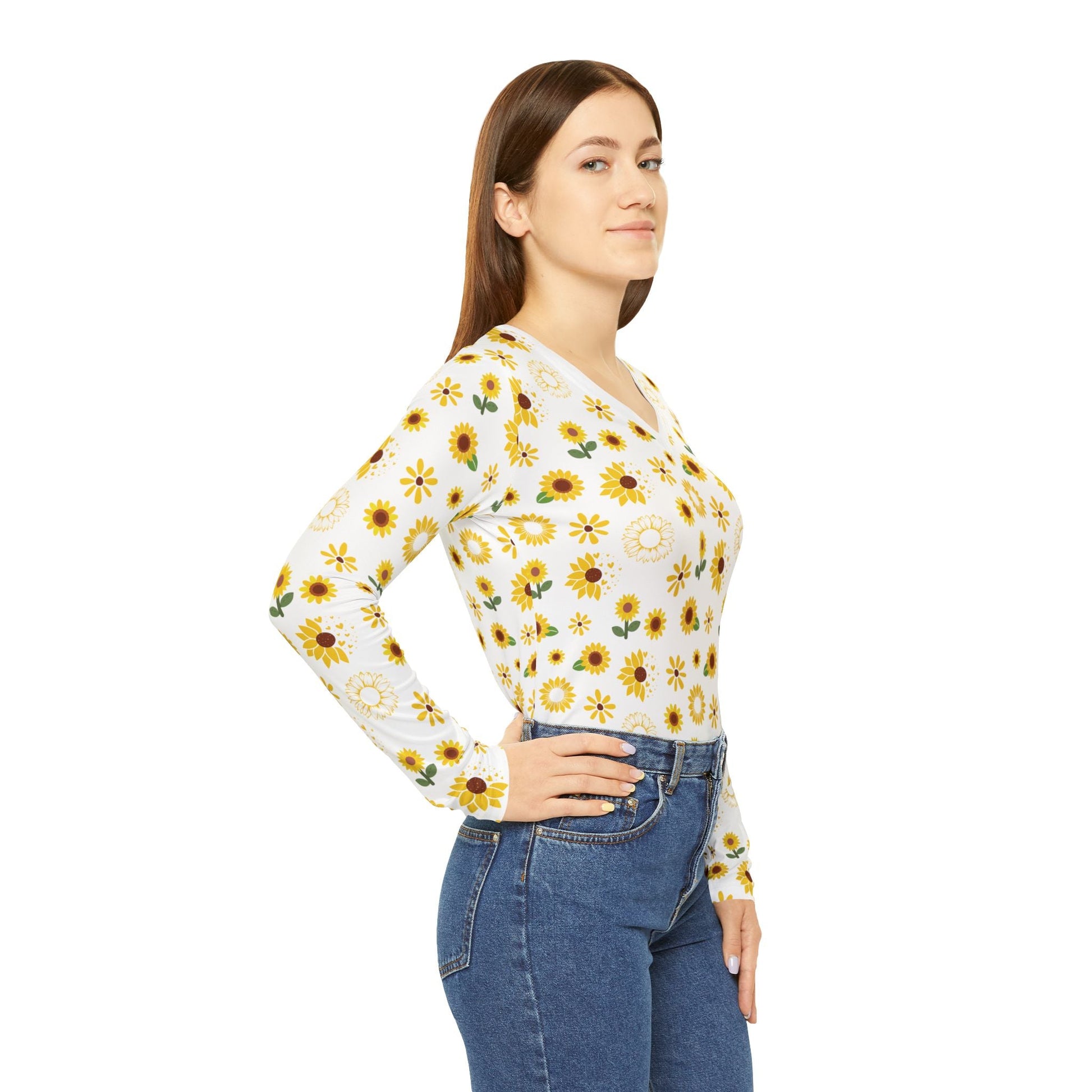 Sunflower Burst Women's Long Sleeve V - neck Shirt Cute Yellow Summer Flower Top Sunny Spring Long Sleeve Shirt - All Over Prints - Kristine Celestine